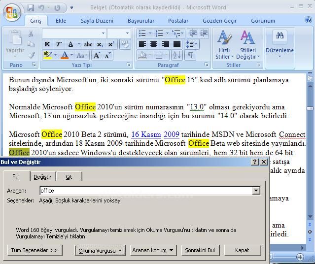 Office 2007 Bul, Değiştir, Git Menüleri Ve Hızlı Git Menüsü