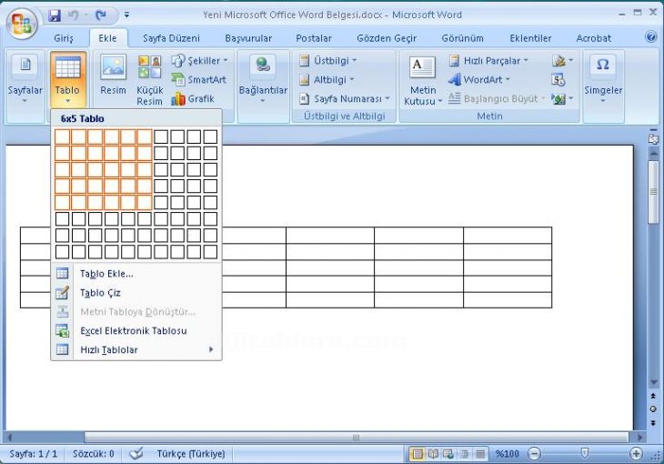 Office 2007 Tablo Araçları Tasarım Menüsü