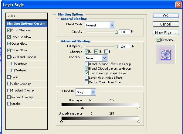 Blend Options Default Ekranı, Drop, Inner Shadow, Outer, Inner Glow