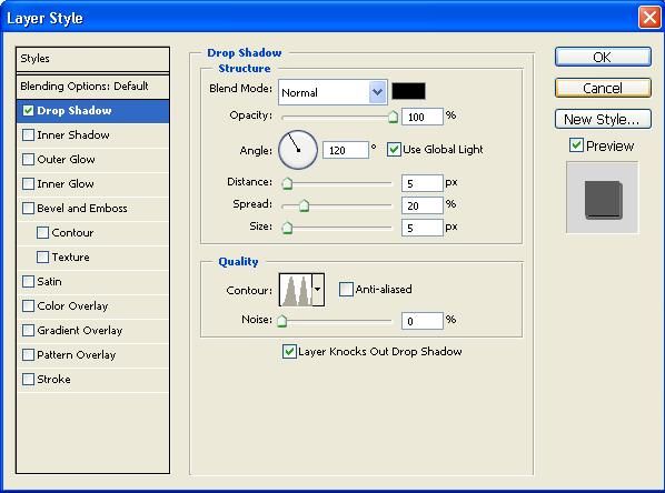 Blend Options Default Ekranı, Drop, Inner Shadow, Outer, Inner Glow