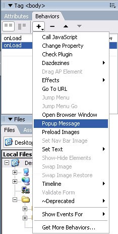 Go To Url, Jump Menu, Jump Menu Go, Open Browser Window, Popup Message, Preload Images