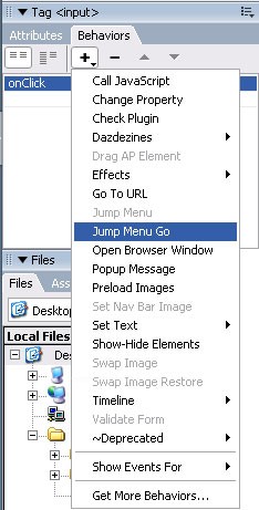 Go To Url, Jump Menu, Jump Menu Go, Open Browser Window, Popup Message, Preload Images