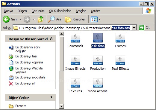 Actions yüklemek, Actions paneli,Actions Örneği