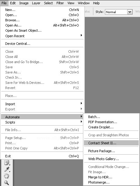 Automate menüsünden Contact Sheet