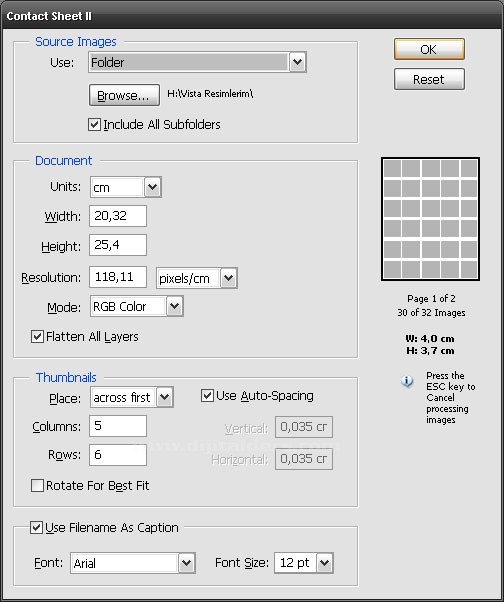 Automate menüsünden Contact Sheet