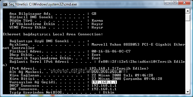 Ip Adresi,dhcp,alt Ağ Maskesi,varsayılan Ağ Geçiti