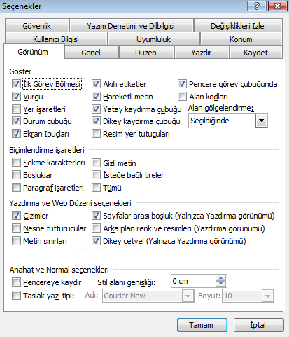 AraçlarSeçenekler Menüsü