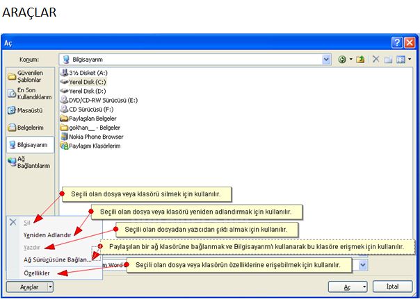 Winword 2007de Aç Penceresi Ve Araçları, Aç Düğmesi Menüsü