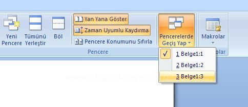 Winword 2007de Görünüm Sekmesindeki Pencere Bölümü Araçları