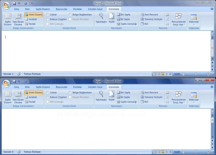 Winword 2007de Görünüm Sekmesindeki Pencere Bölümü Araçları