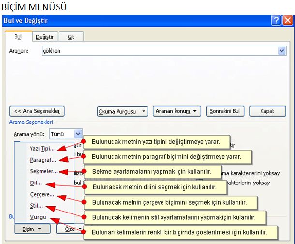 Bul ve Değiştir Menüsü