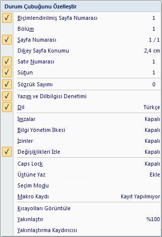 Git Menüsü,durum Çubuğunu Özelleştir Menüsü, Git Kısayolu