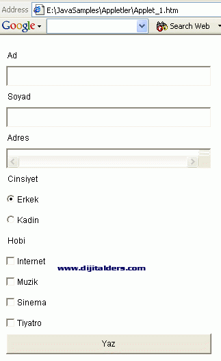 Java Applet Üzerine Form Nesnelerini Eklemek