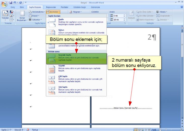 Sayfa Numaraları Bölümlere Farklı Tipte Ve Başlangıç Sayfa Numarası Verme