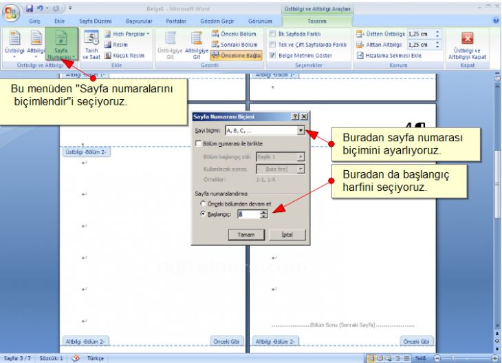 Sayfa Numaraları Bölümlere Farklı Tipte Ve Başlangıç Sayfa Numarası Verme