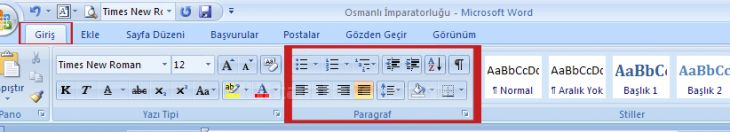 Office 2007de paragraf işlemleri