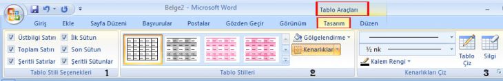 Word 2007 - Tablo Araçları Menüsü
