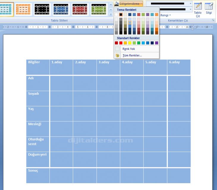 Word 2007 - Tablo Araçları Menüsü