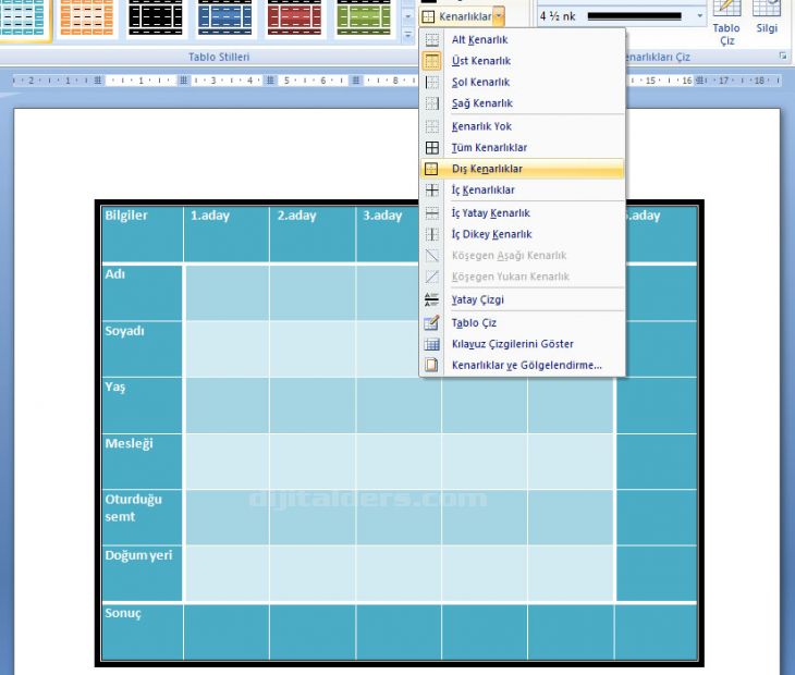 Word 2007 - Tablo Araçları Menüsü
