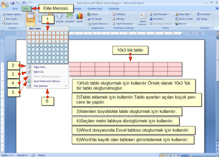 Word 2007 - Ekle Menüsündeki Tablo Seçenekleri