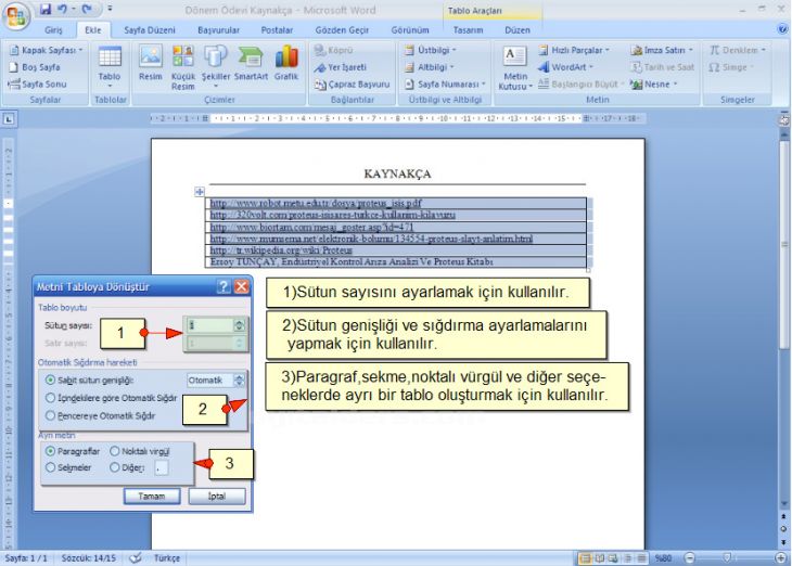 Word 2007 - Ekle Menüsündeki Tablo Seçenekleri