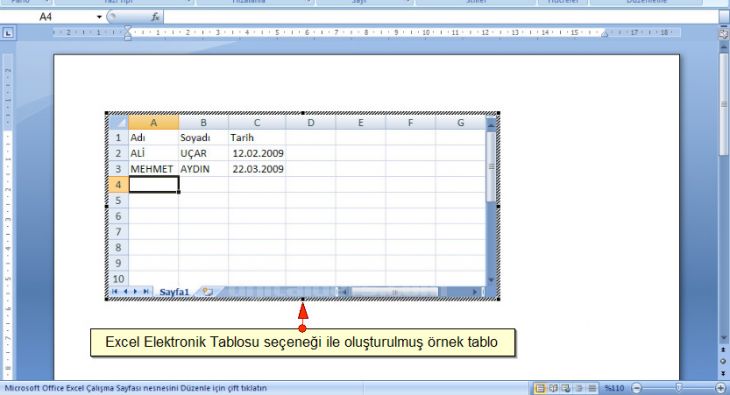 Word 2007 - Ekle Menüsündeki Tablo Seçenekleri