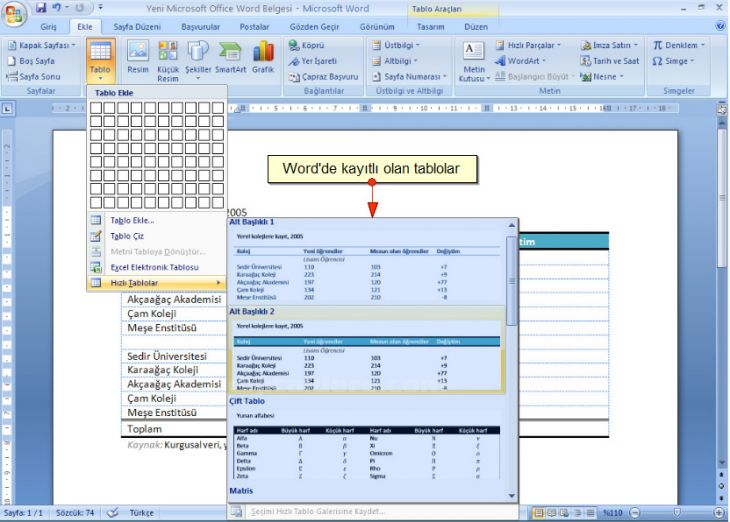 Word 2007 - Ekle Menüsündeki Tablo Seçenekleri
