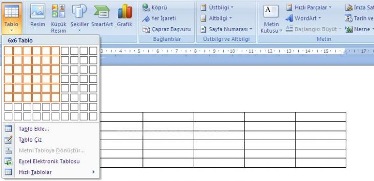 Ekle Menüsündeki Tablo Seçenekleri