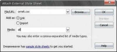 Adobe Dreamveaver CS3 Attach Style Sheet penceresi