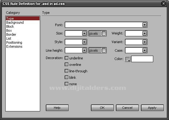 Adobe Dreamweaver CS3 New CSS Rule penceresi devamı..