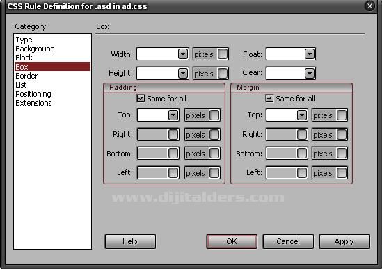 Adobe Dreamweaver CS3 New CSS Rule penceresi devamı..