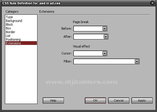 Adobe Dreamweaver CS3 New CSS Rule penceresi devamı..