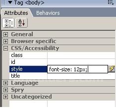 Adobe Dreamweaver CS3 Tag Inspector style parametresi