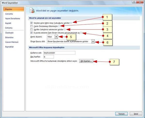 Word 2007 Seçenekleri Popüler Seçeneği