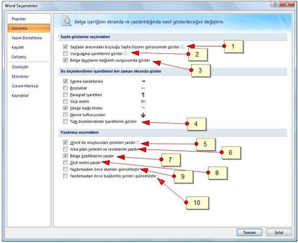 Word 2007 Seçenekleri Görüntü Seçeneği