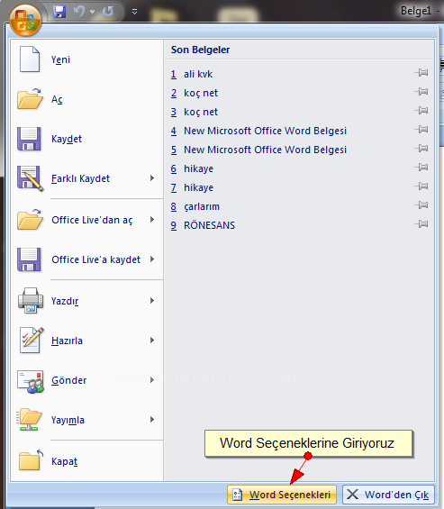 Word 2007 Seçenekleri Yazım Denetleme Seçeneiği