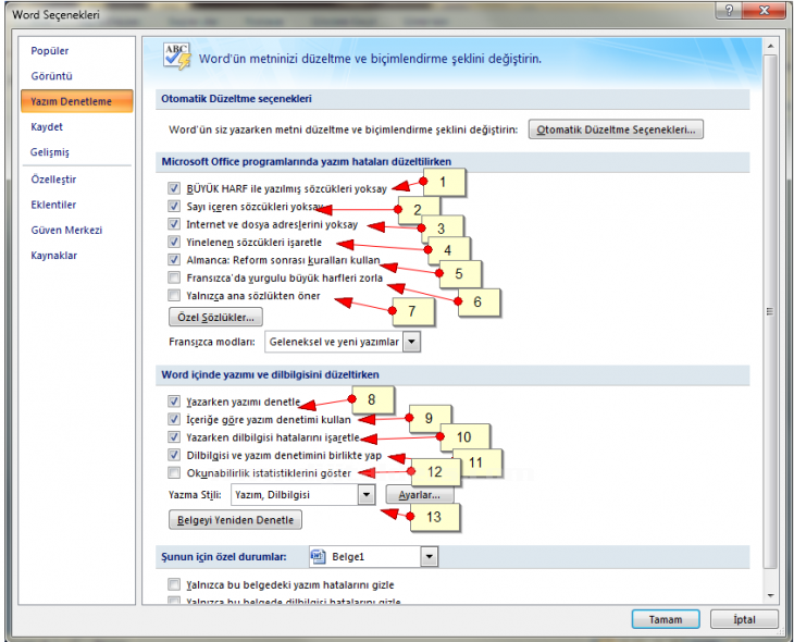Word 2007 Seçenekleri Yazım Denetleme Seçeneiği
