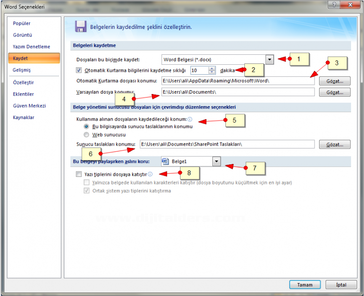 Word 2007 Seçenekleri Kaydet Seçeneği