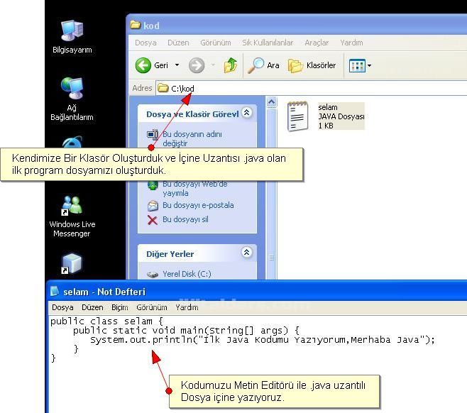 java ile ilk program kodunu çalıştırılması