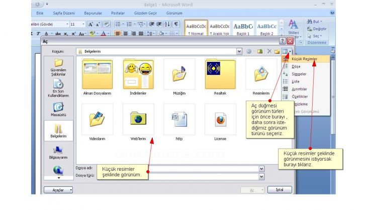Office 2007 Word Aç Menüsü Seçenekleriaç Menüsündeki Görünüm Türleri, Araçlar Düğmesi, Aç Düğmesi Özellikleri