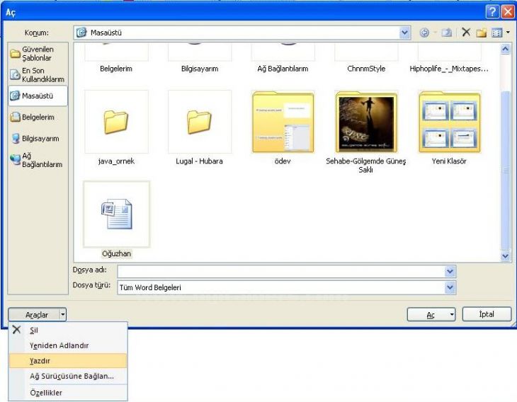 Office 2007 Word Aç Menüsü Seçenekleri