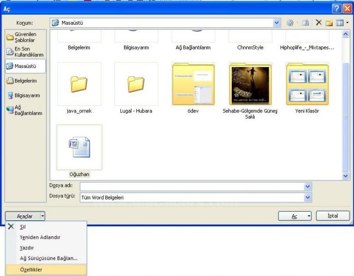 Office 2007 Word Aç Menüsü Seçenekleri