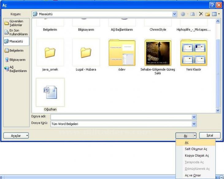 Office 2007 Word Aç Menüsü Seçenekleri