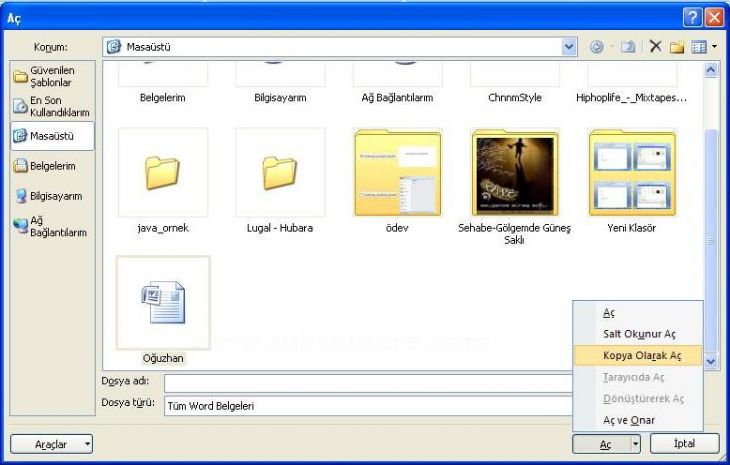 Office 2007 Word Aç Menüsü Seçenekleri