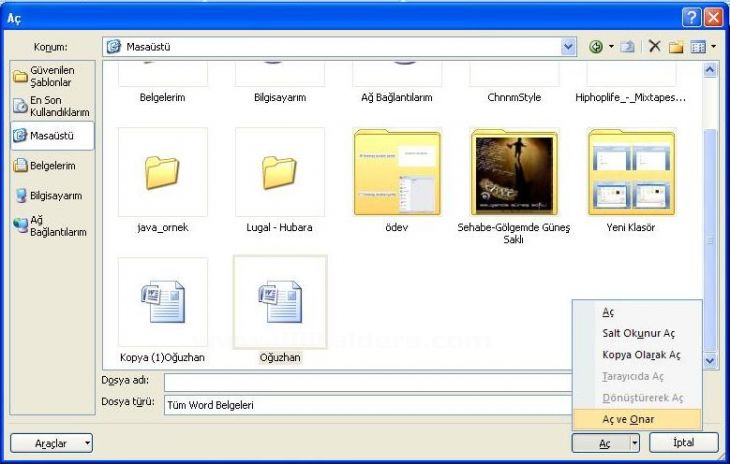 Office 2007 Word Aç Menüsü Seçenekleri