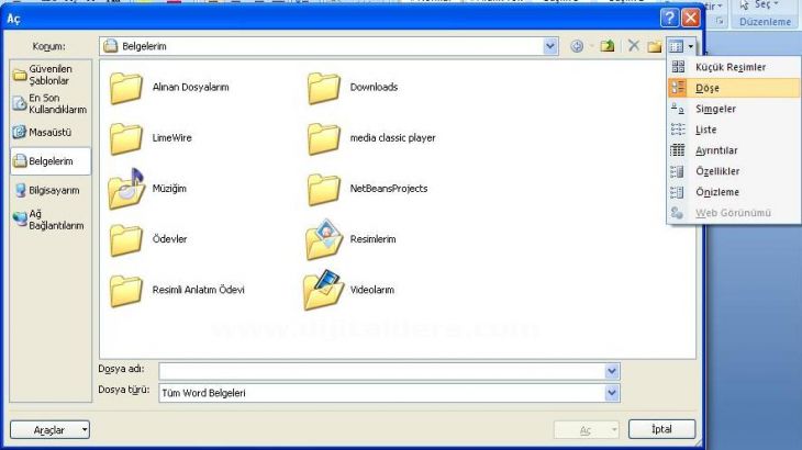 Office 2007 Word Aç Menüsü Seçenekleri