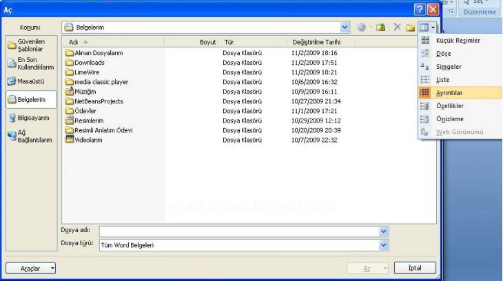 Office 2007 Word Aç Menüsü Seçenekleri