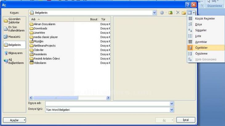 Office 2007 Word Aç Menüsü Seçenekleri