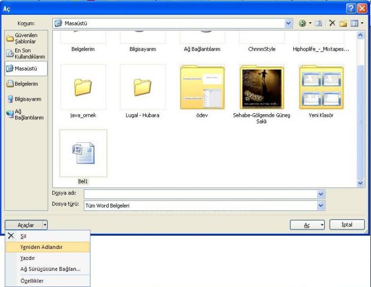 Office 2007 Word Aç Menüsü Seçenekleri