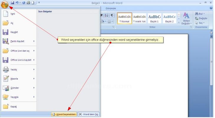 Office 2007 Word SeçenekleriPopüler, Görüntü, Yazım Denetleme, Kaydet